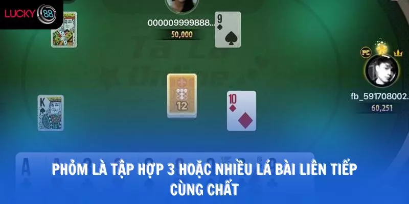 Phỏm là tập hợp 3 hoặc nhiều lá bài liên tiếp cùng chất